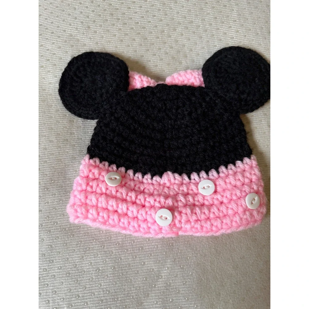 Handmade Minnie Mouse Crochet Beanie Kids One Pink Black Excellent Button Bow
